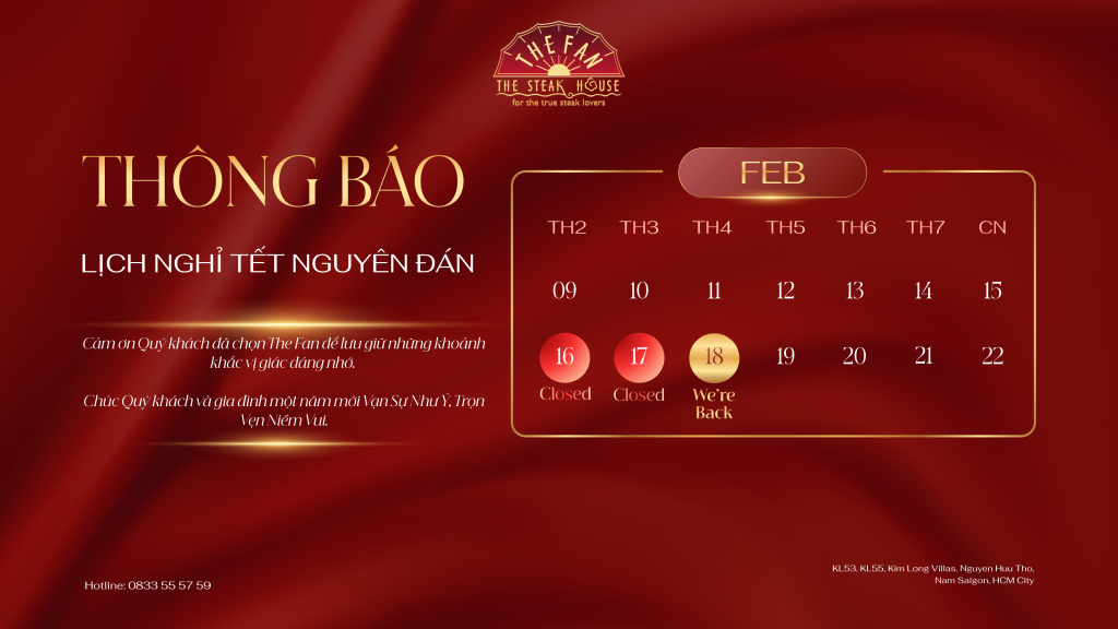 Thông Báo Lịch Nghỉ Tết 2026 – Steakhouse The Fan
